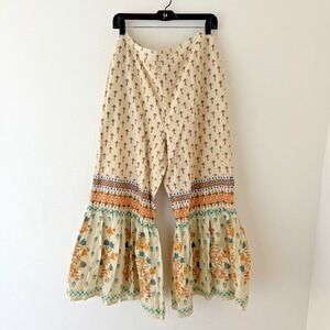 Boho Wide Leg Pants Flared Ruffle Hem Floral Cotton Lined Pockets XL Festival